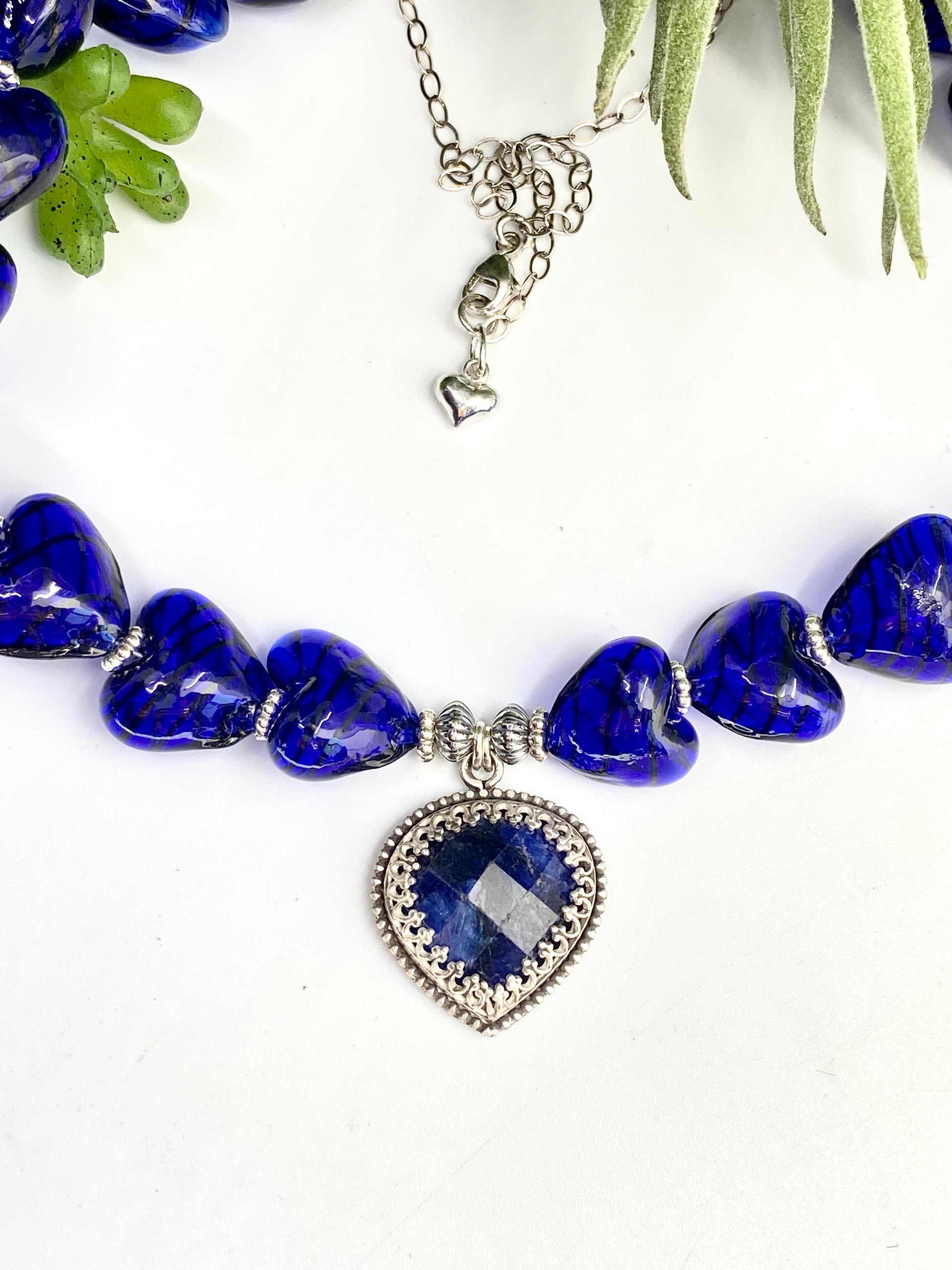 Sterling Silver Deep Blue Sodalite And Hand Blown Glass Necklace