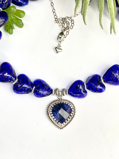 Sterling Silver Deep Blue Sodalite And Hand Blown Glass Necklace