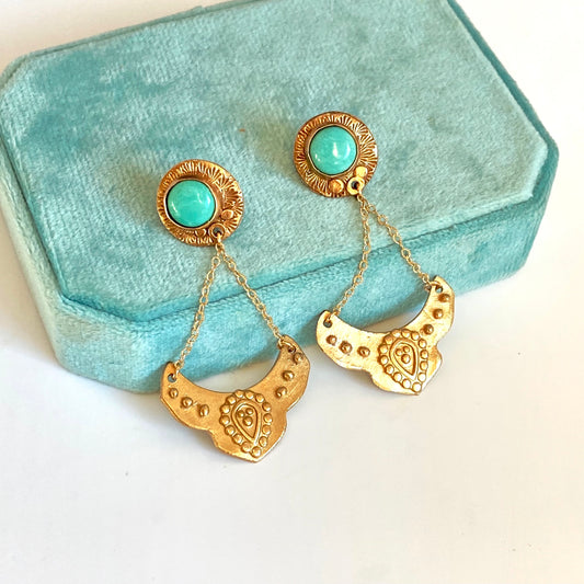 Turquoise And Gold Bronze Dangle Earrings - Harmony Gold & Turquoise Earrings