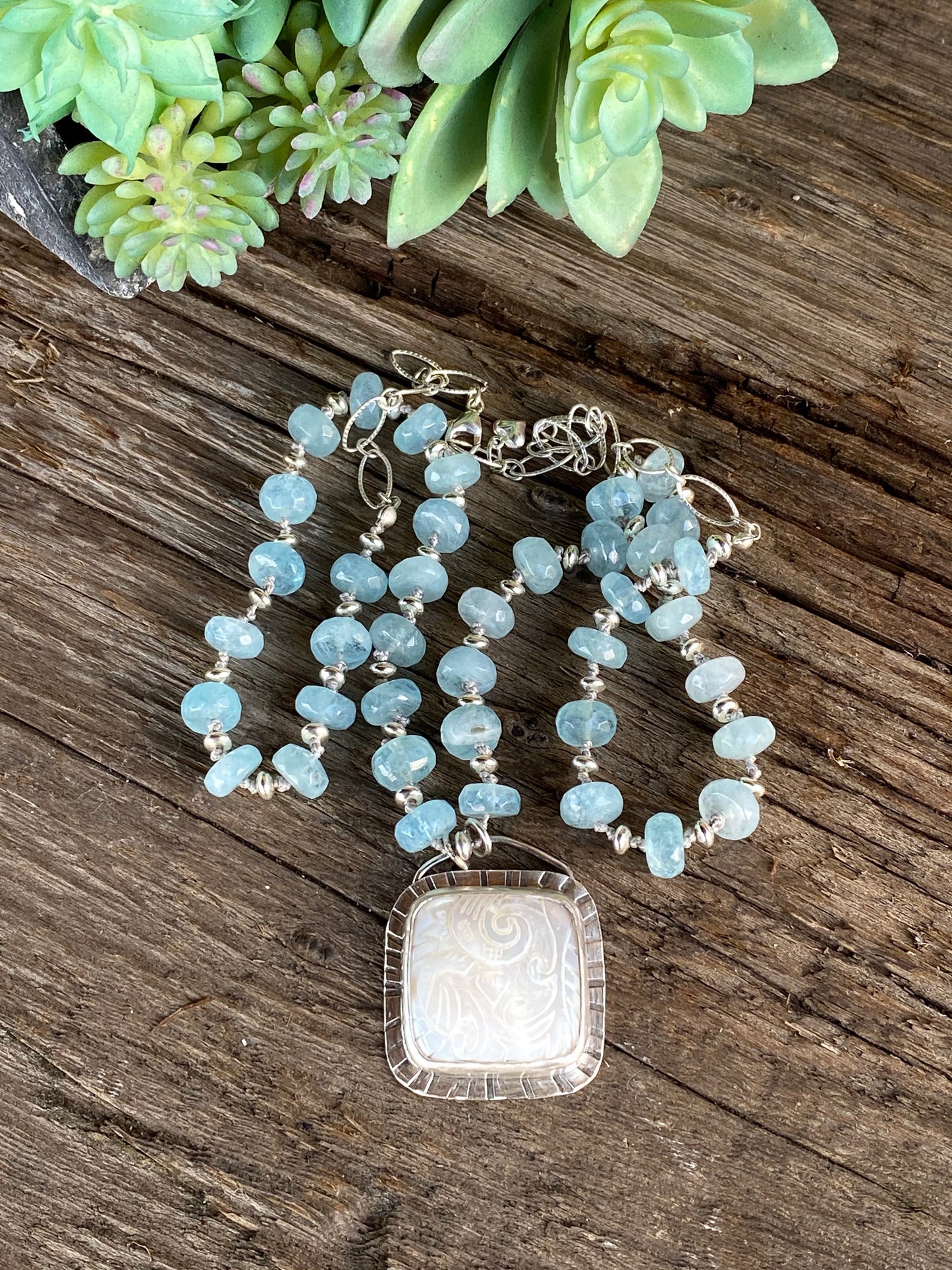 Carved Mother of Pearl & Aquamarine Necklace