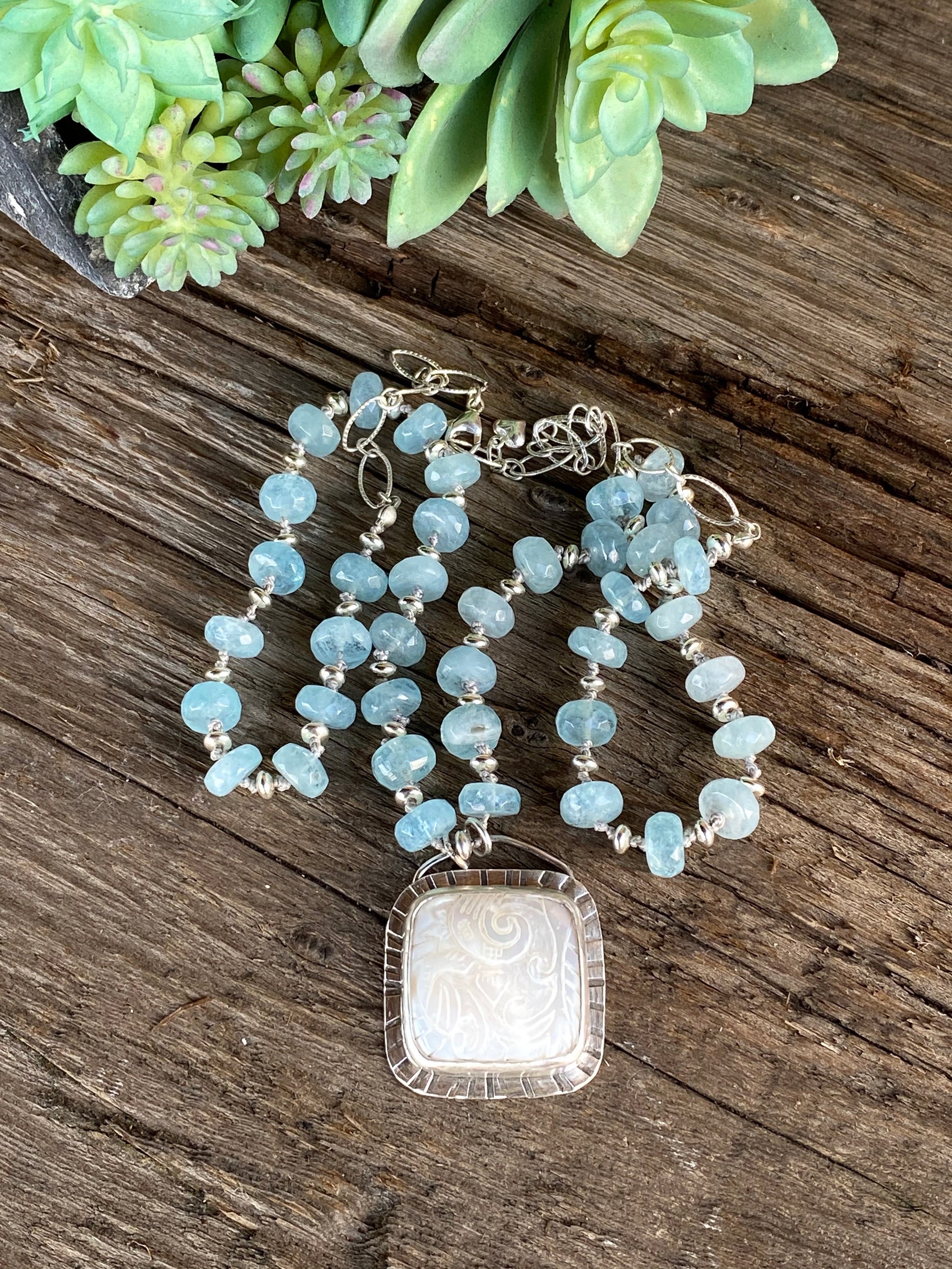 Carved Mother of Pearl & Aquamarine Necklace