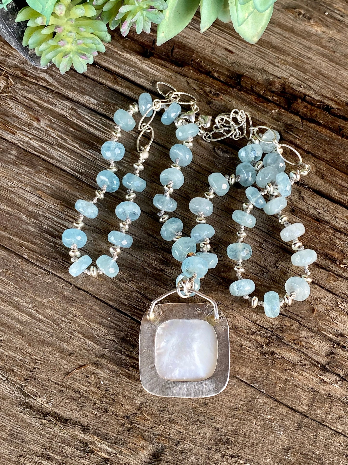 Carved Mother of Pearl & Aquamarine Necklace