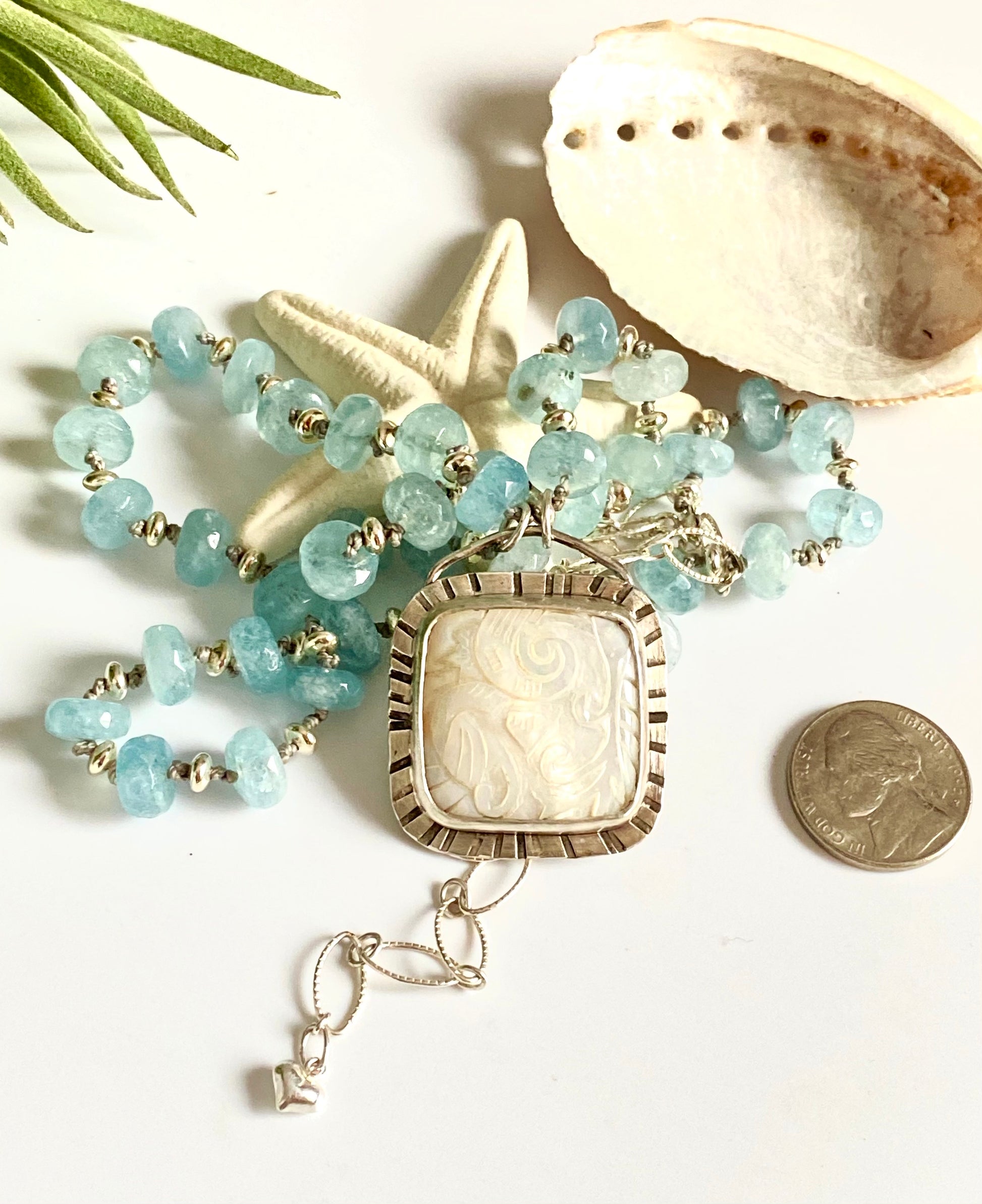 Carved Mother of Pearl & Aquamarine Necklace