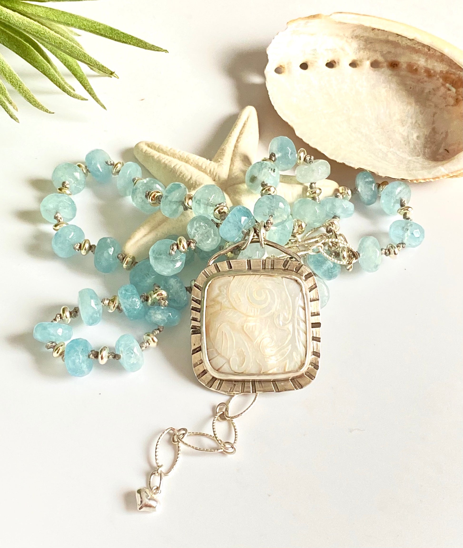Carved Mother of Pearl & Aquamarine Necklace