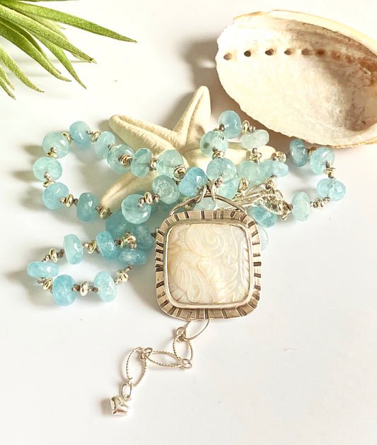 Carved Mother of Pearl & Aquamarine Necklace