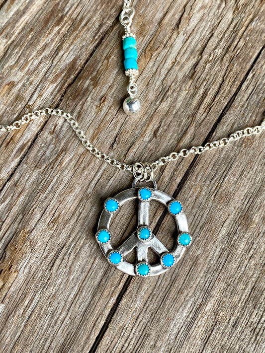 Sterling Silver And Turquoise Peace Sign Necklace