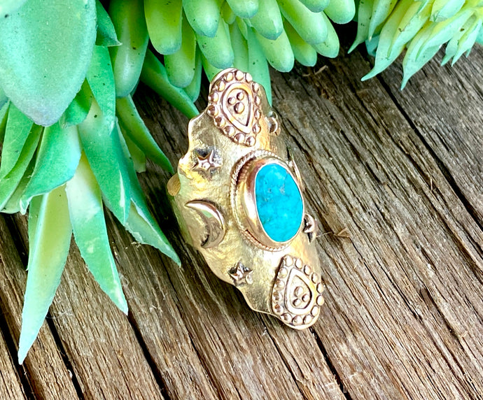Turquoise And Gold Bronze Saddle Ring