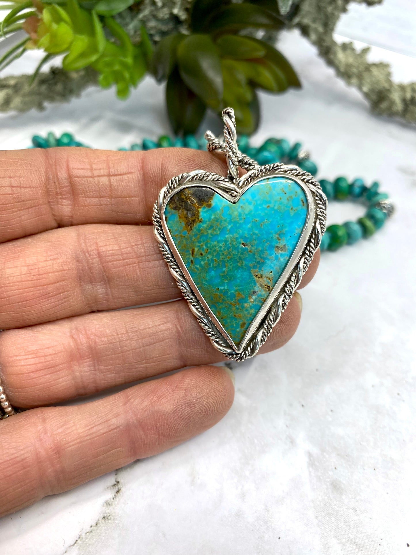 Kingman Turquoise Heart Roped In Twisted Sterling Silver Pendant