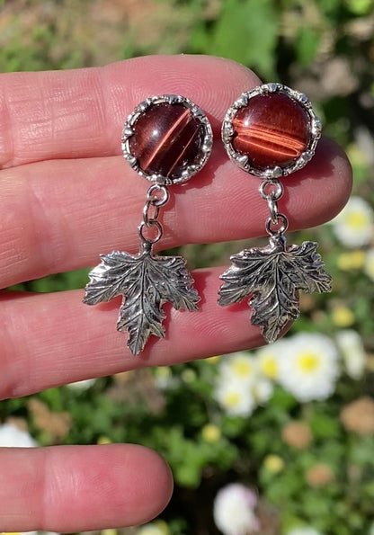 Sterling Maple Leaves And Red Tigers Eye Earrings