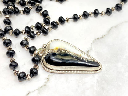 Black And White Lampwork Glass Heart And Black Onyx Beaded Chain