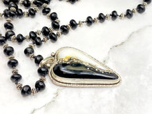 Load image into Gallery viewer, Black And White Lampwork Glass Heart And Black Onyx Beaded Chain
