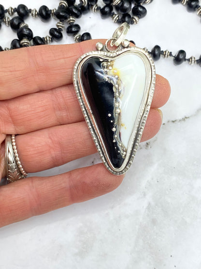 Black And White Lampwork Glass Heart And Black Onyx Beaded Chain