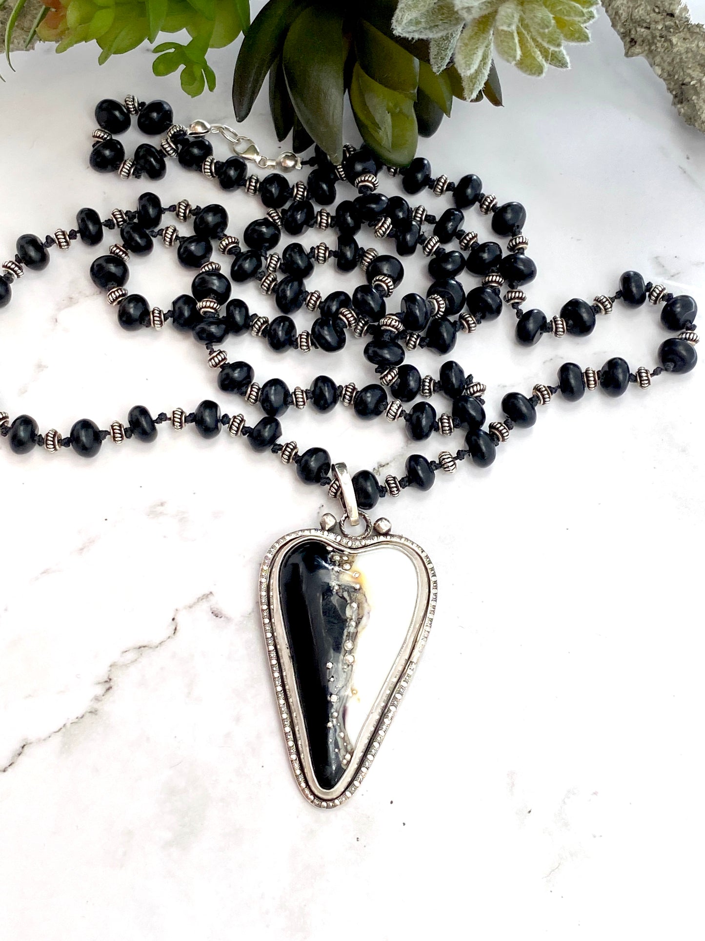 Black And White Lampwork Glass Heart And Black Onyx Beaded Chain