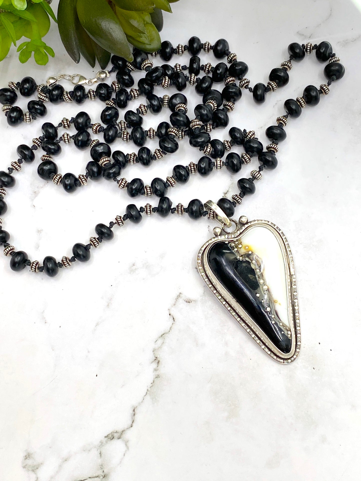 Black And White Lampwork Glass Heart And Black Onyx Beaded Chain
