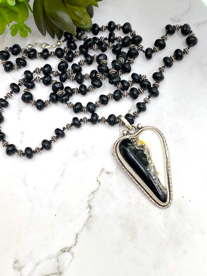 Black And White Lampwork Glass Heart And Black Onyx Beaded Chain