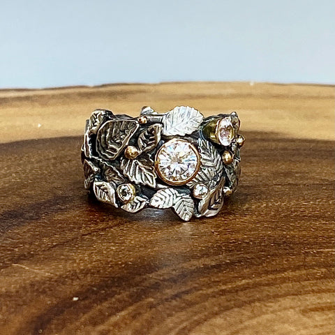 Garden of Eden Ring, Sterling Silver & 14k Yellow Gold With Moissanite