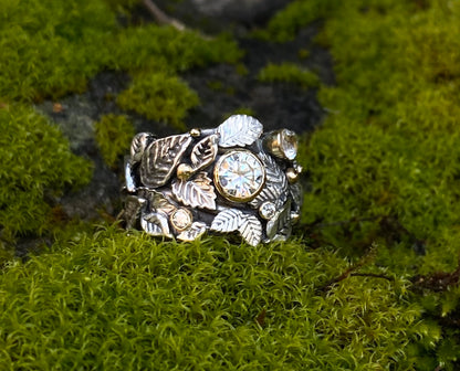 Garden of Eden Ring, Sterling Silver & 14k Yellow Gold With Moissanite