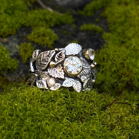 Garden of Eden Ring, Sterling Silver & 14k Yellow Gold With Moissanite