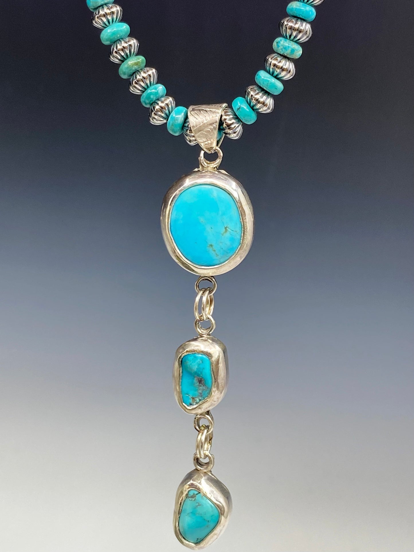 3 Stone Kingman Turquoise And Sterling Silver Lariat Necklace