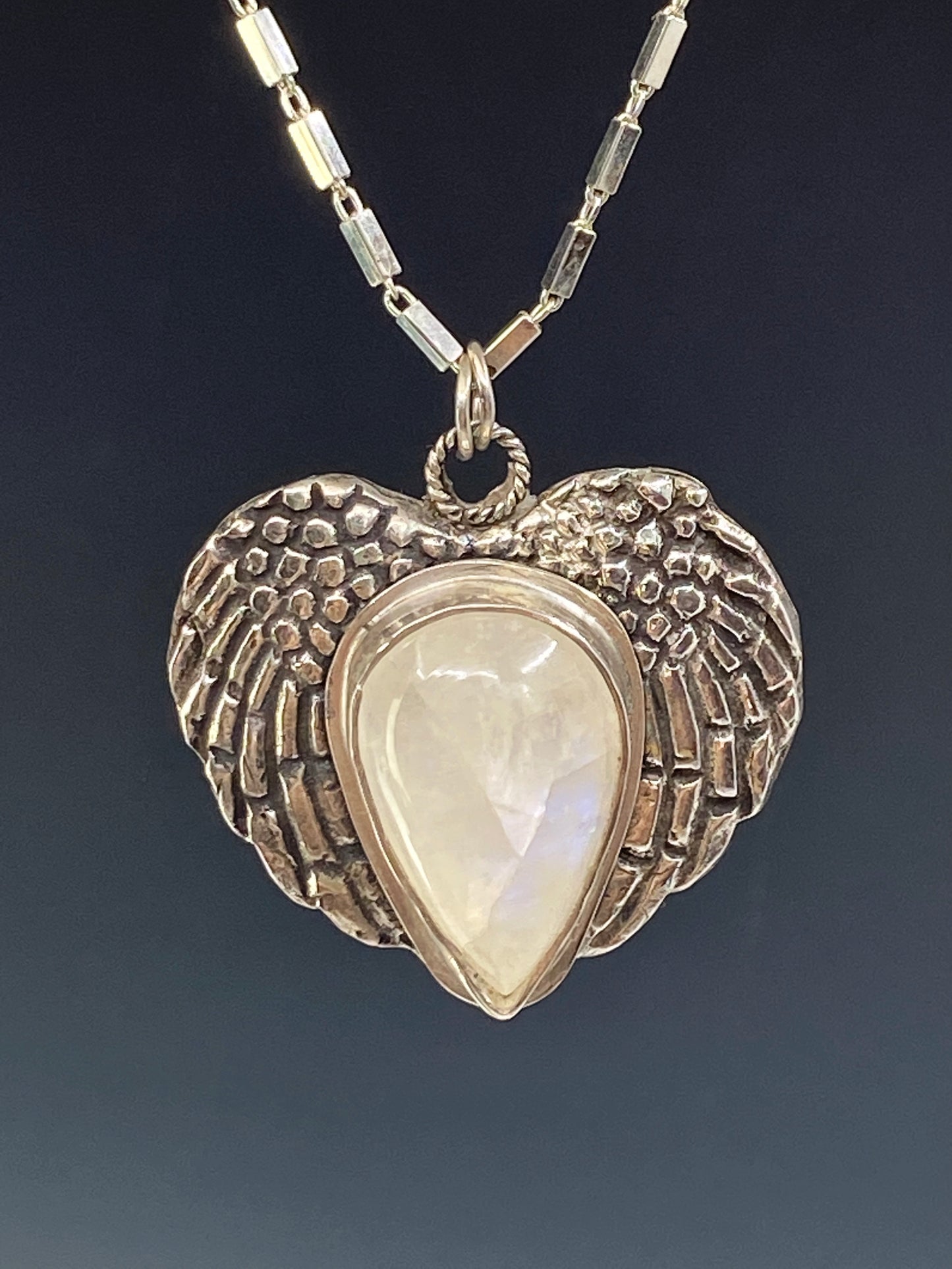 Sterling Silver And Rainbow Moonstone Angel Wing Necklace
