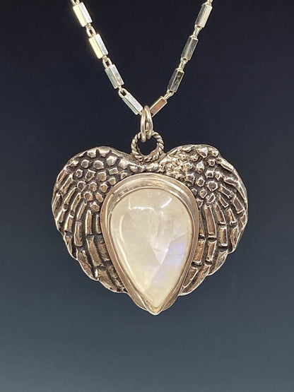Sterling Silver And Rainbow Moonstone Angel Wing Necklace