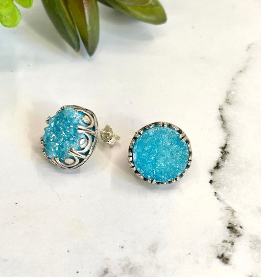 Sky Blue Quartz Druzy And Sterling Silver Post Earrings.