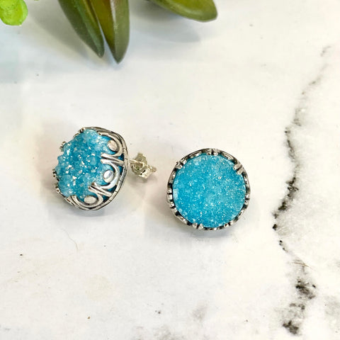 Sky Blue Quartz Druzy And Sterling Silver Post Earrings.