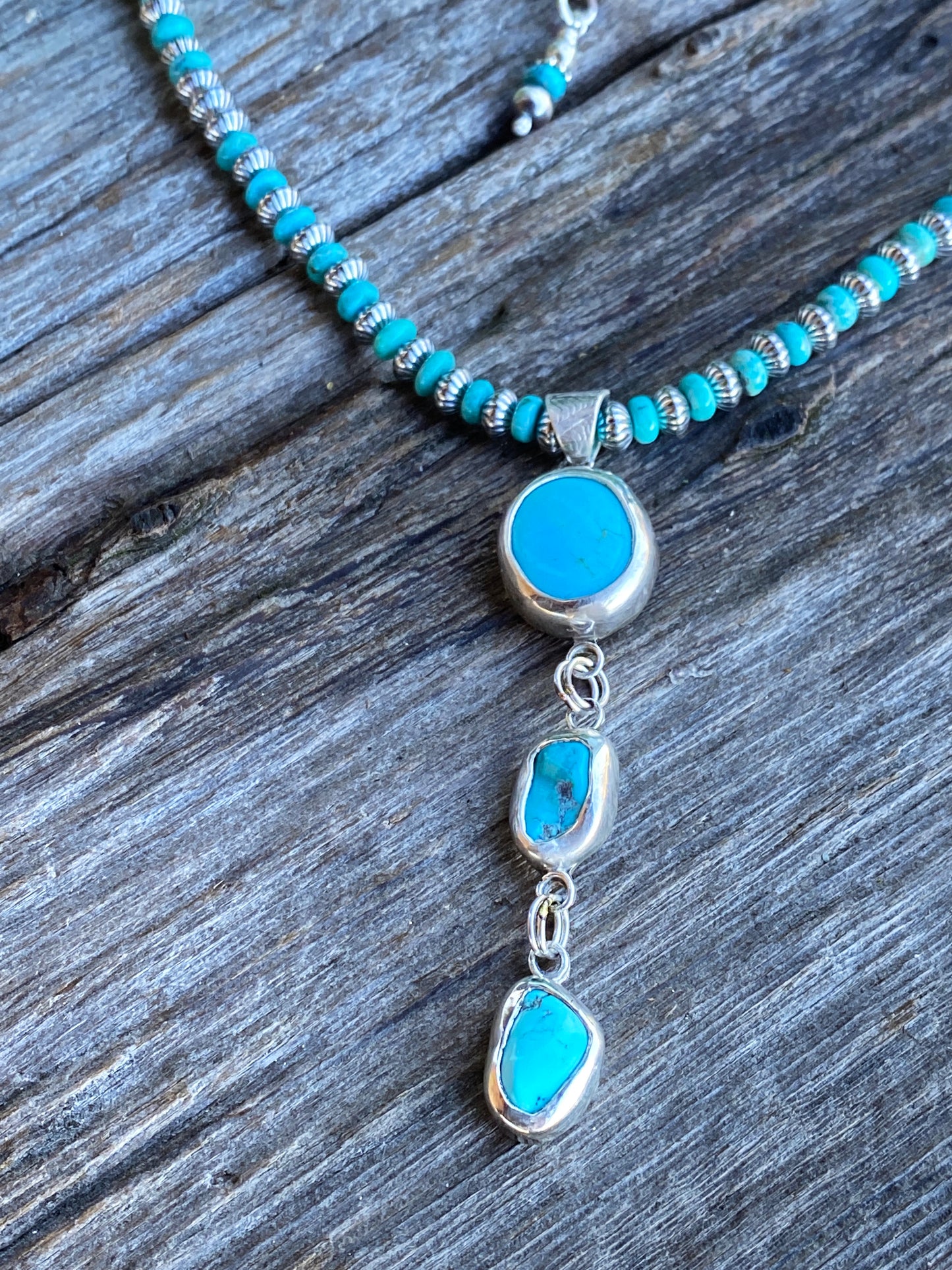 3 Stone Kingman Turquoise And Sterling Silver Lariat Necklace