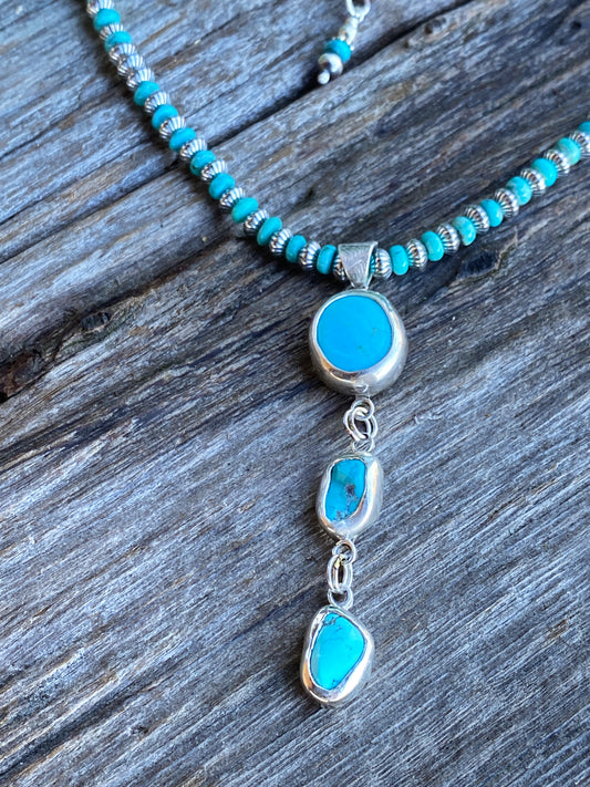 3 Stone Kingman Turquoise And Sterling Silver Lariat Necklace