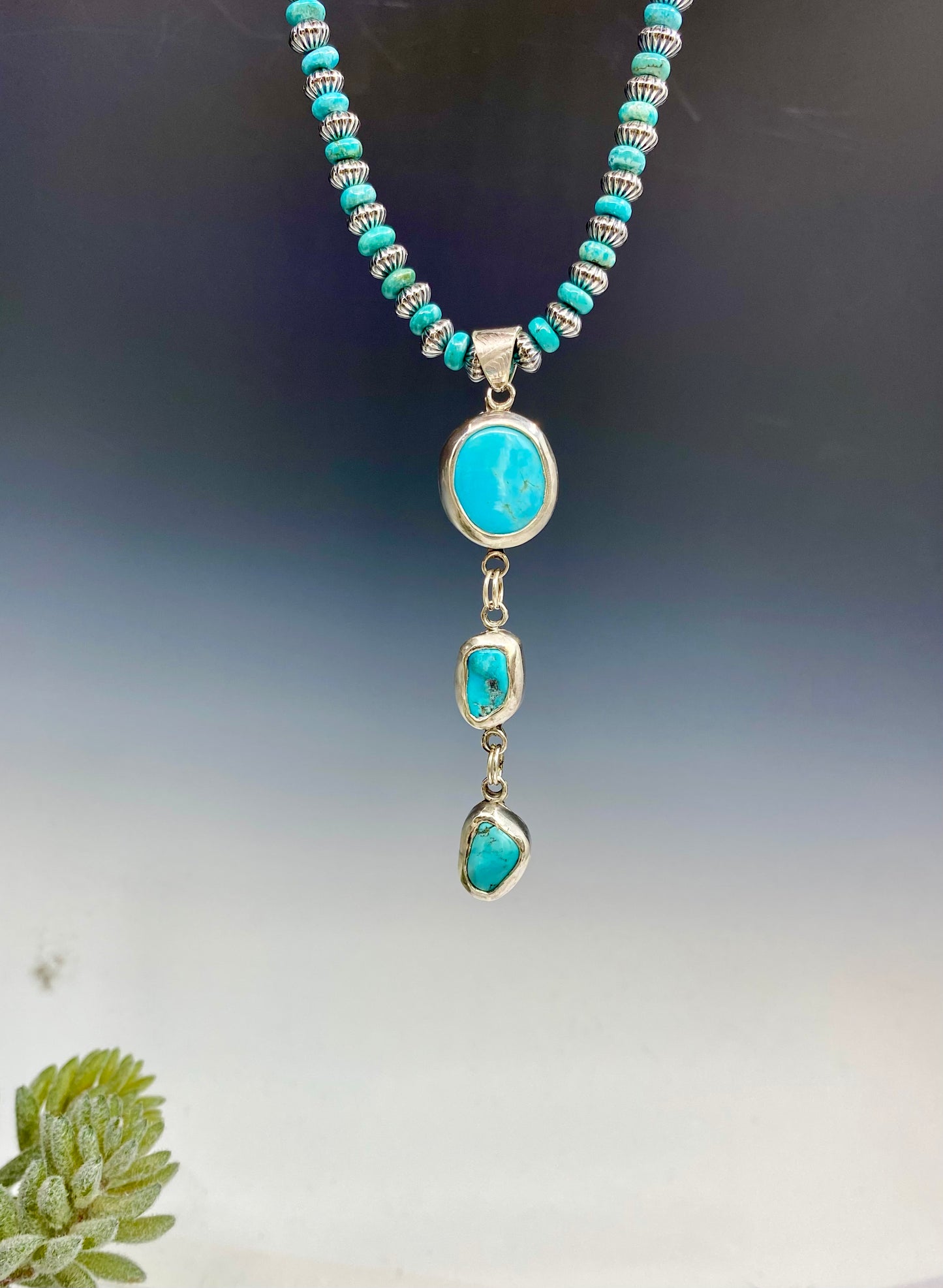 3 Stone Kingman Turquoise And Sterling Silver Lariat Necklace