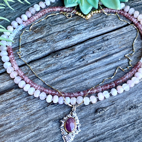 Pink Tourmaline And Rainbow Moonstone Faceted Gemstone Necklace