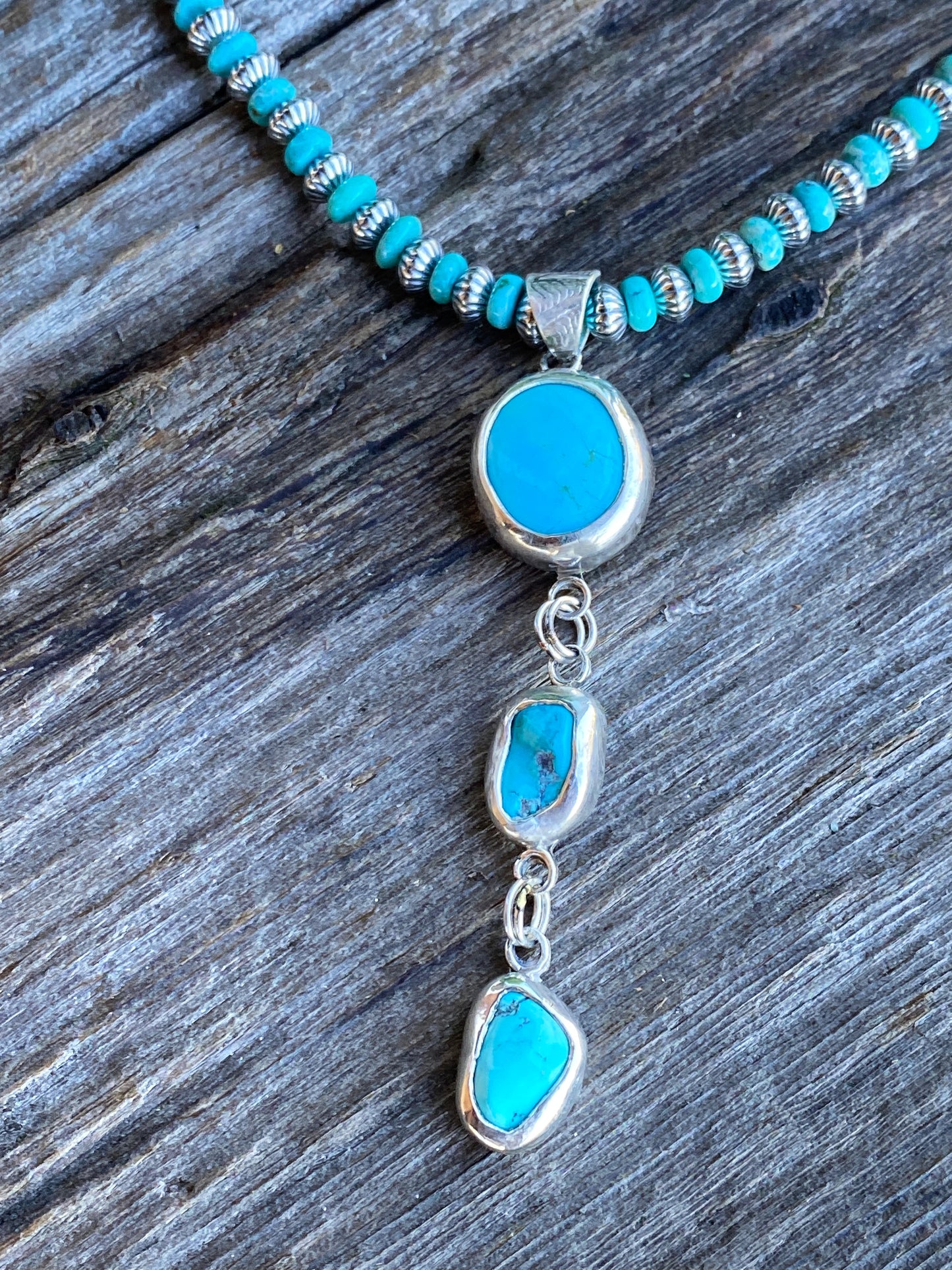 3 Stone Kingman Turquoise And Sterling Silver Lariat Necklace
