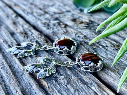 Sterling Maple Leaves And Red Tigers Eye Earrings
