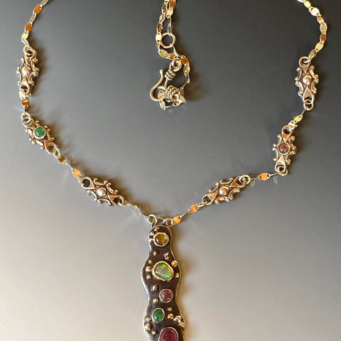 Recycled 18k Gold  & Sterling Silver, Tourmaline,Opal, Emerald- Spring In Bloom Necklace