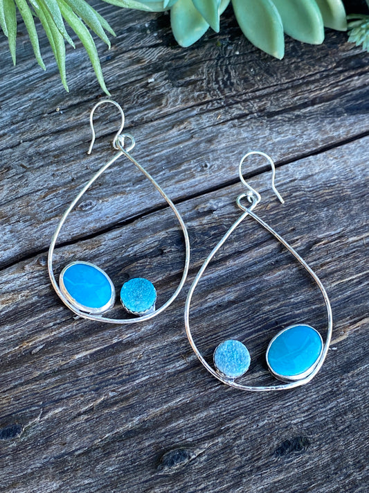 Turquoise And Teal Blue Druzy Hammered Sterling Hoop Earrings