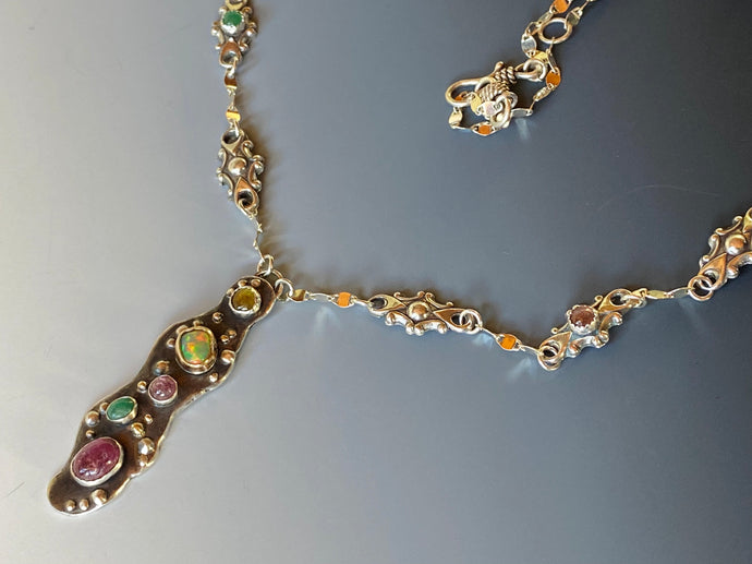 Recycled 18k Gold  & Sterling Silver, Tourmaline,Opal, Emerald- Spring In Bloom Necklace