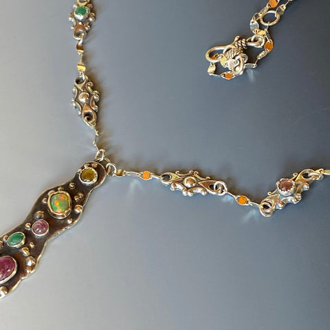 Recycled 18k Gold  & Sterling Silver, Tourmaline,Opal, Emerald- Spring In Bloom Necklace