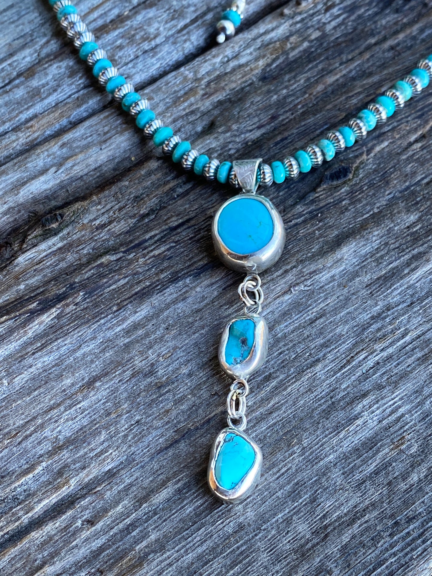 3 Stone Kingman Turquoise And Sterling Silver Lariat Necklace