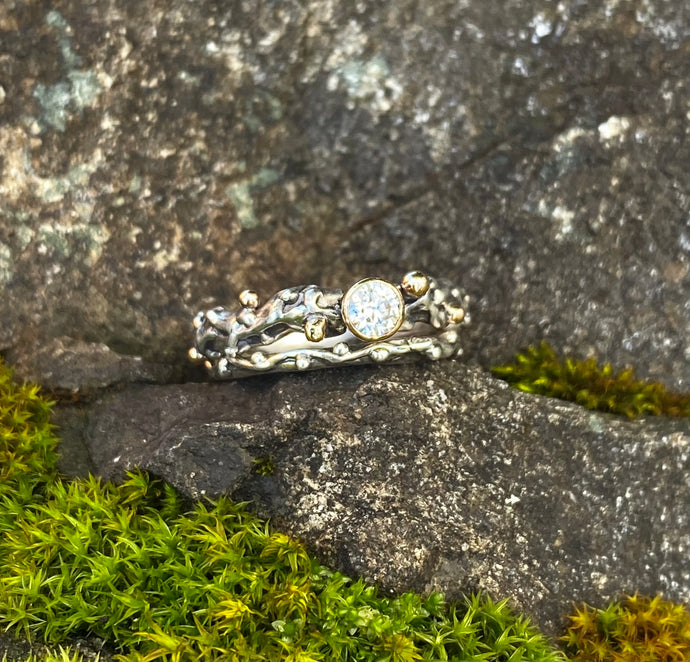 Princess Bride Ring - Recycled Sterling Silver & 14k Yellow Gold With Moissanite (Man Made Diamond).