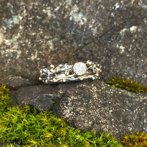 Princess Bride Ring - Recycled Sterling Silver & 14k Yellow Gold With Moissanite (Man Made Diamond).