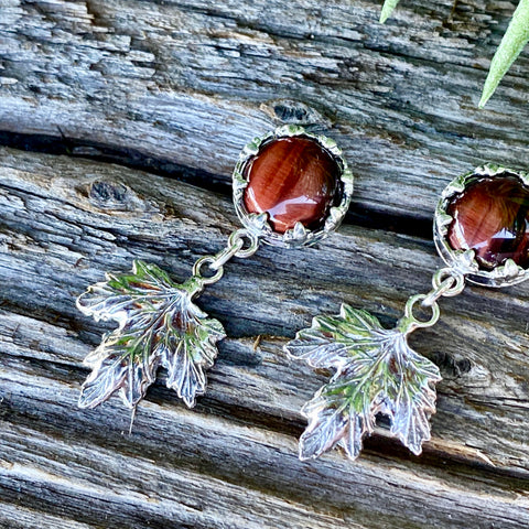 Sterling Maple Leaves And Red Tigers Eye Earrings