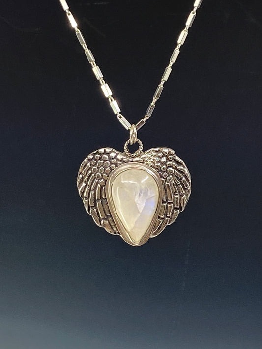 Sterling Silver And Rainbow Moonstone Angel Wing Necklace