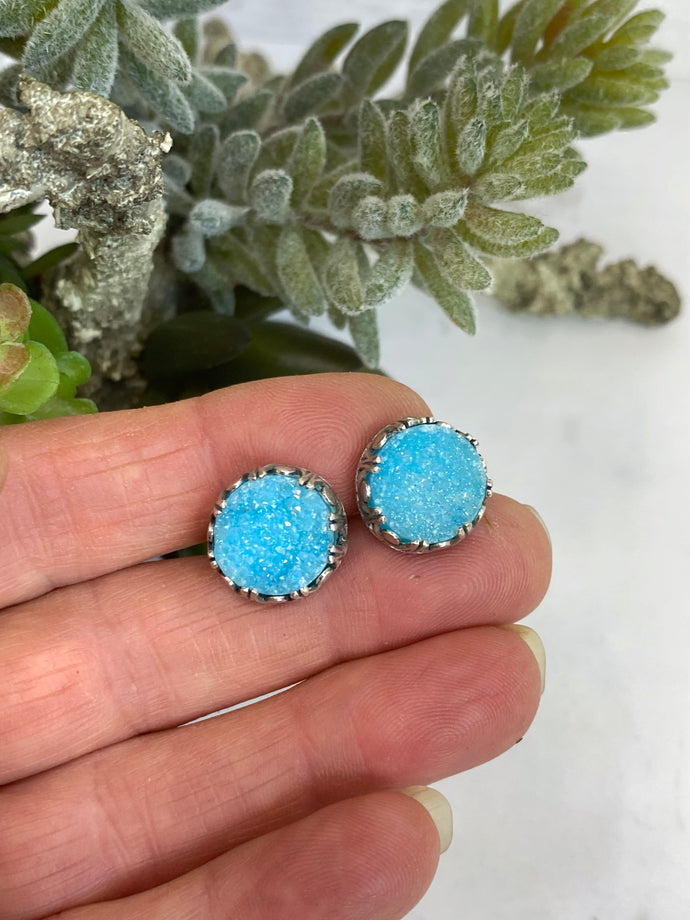 Sky Blue Quartz Druzy And Sterling Silver Post Earrings.