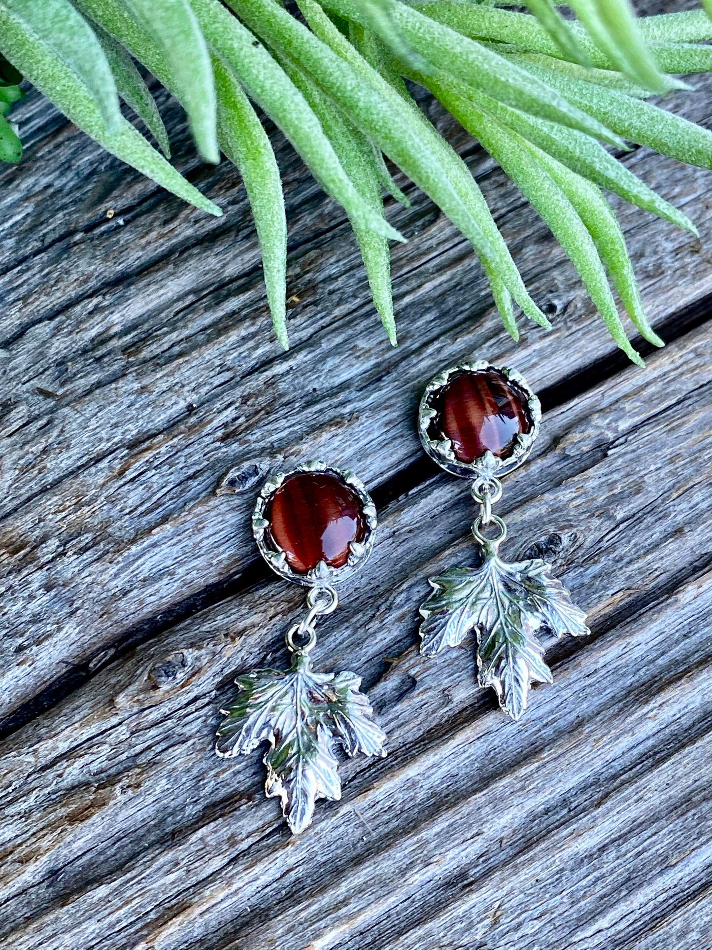 Sterling Maple Leaves And Red Tigers Eye Earrings