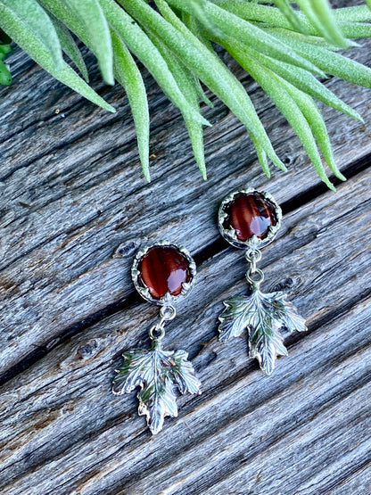 Sterling Maple Leaves And Red Tigers Eye Earrings