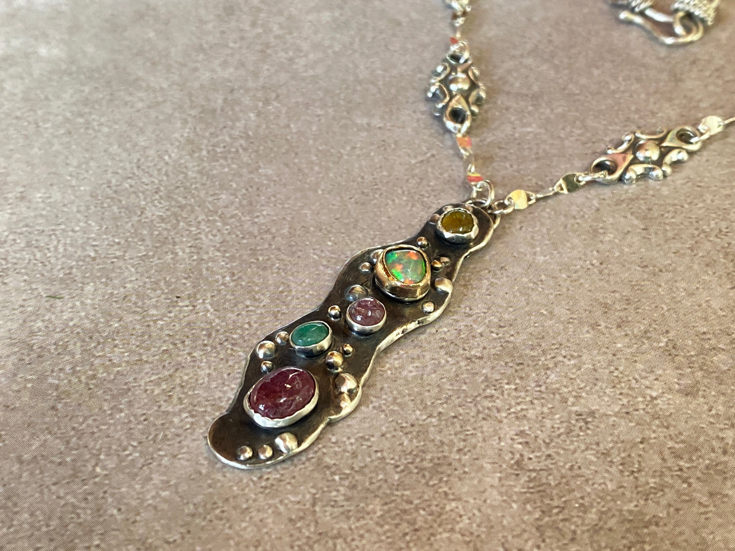 Recycled 18k Gold  & Sterling Silver, Tourmaline,Opal, Emerald- Spring In Bloom Necklace