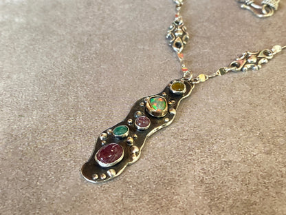 Recycled 18k Gold  & Sterling Silver, Tourmaline,Opal, Emerald- Spring In Bloom Necklace
