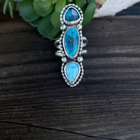 Totem Ring- Sterling silver, Kingman Turquoise, Larimar & Kyanite