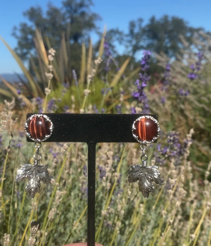 Sterling Maple Leaves And Red Tigers Eye Earrings