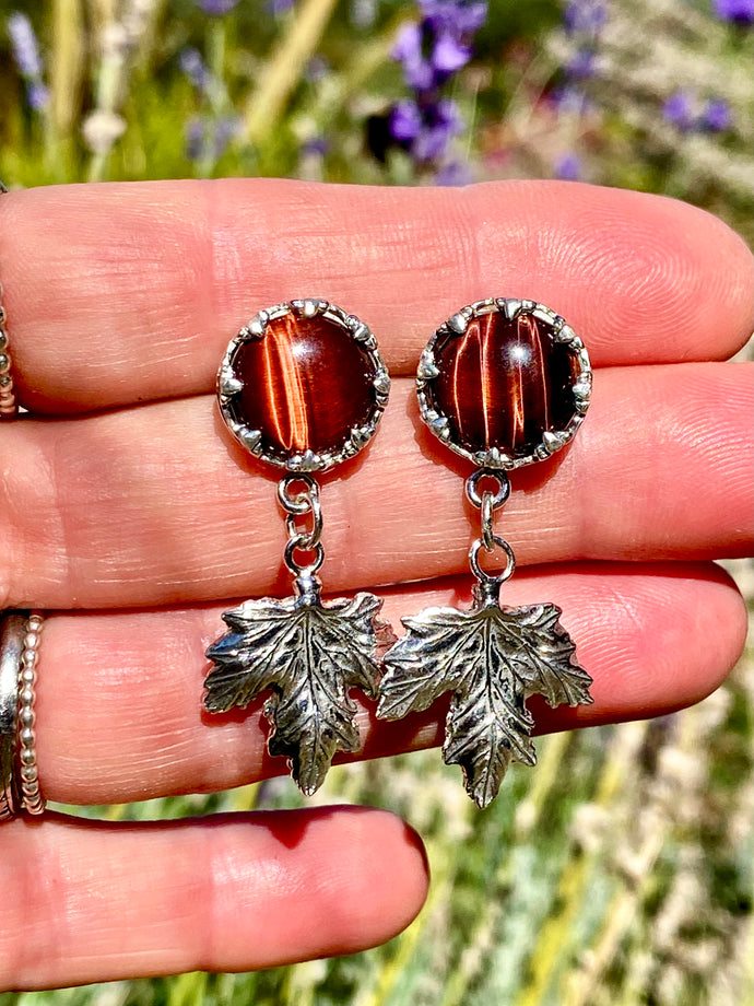 Sterling Maple Leaves And Red Tigers Eye Earrings